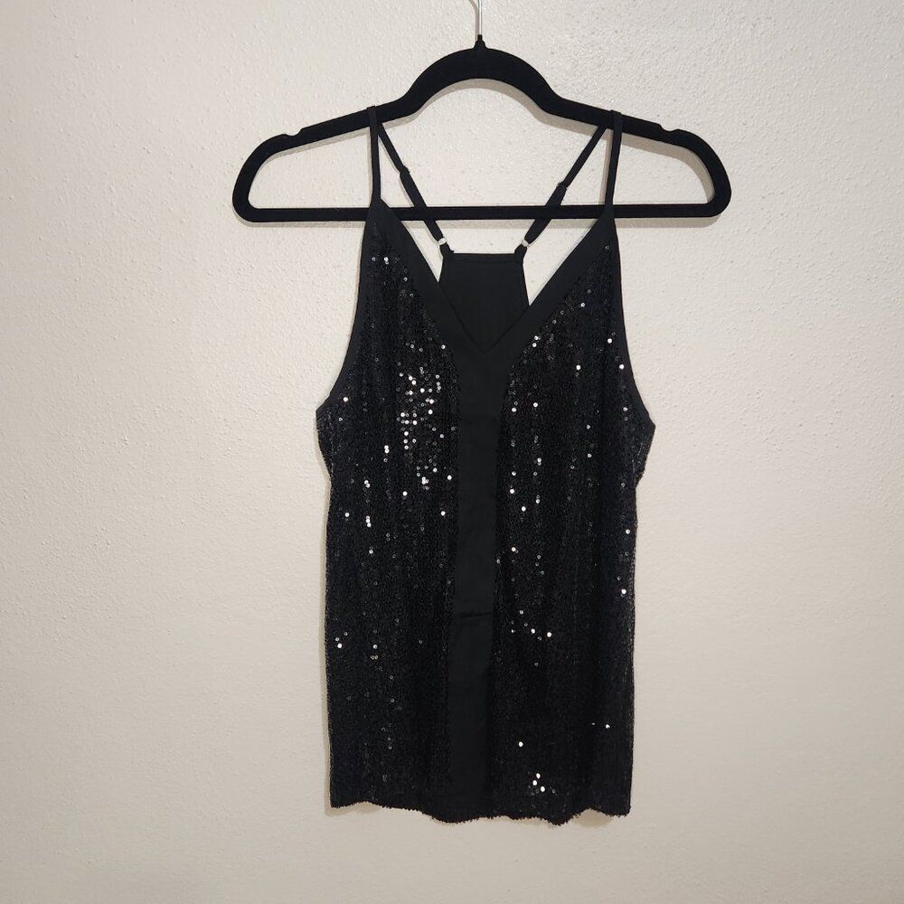 ❤️Sequin Tback Cami Womens Small Black Sequin Vneck Party Night Sparkle❤️ - Picture 8 of 12
